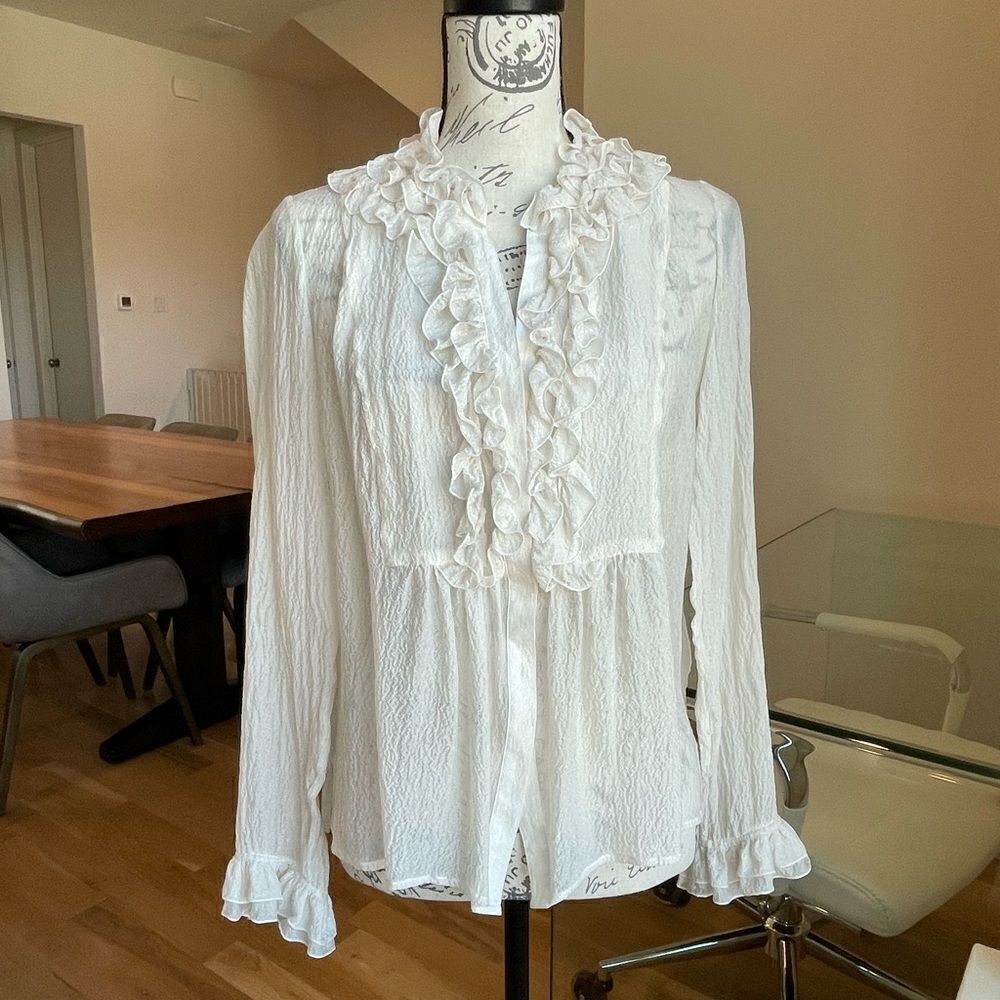 ETRO Women 46 Ruffle 100% Silk Cream Blouse